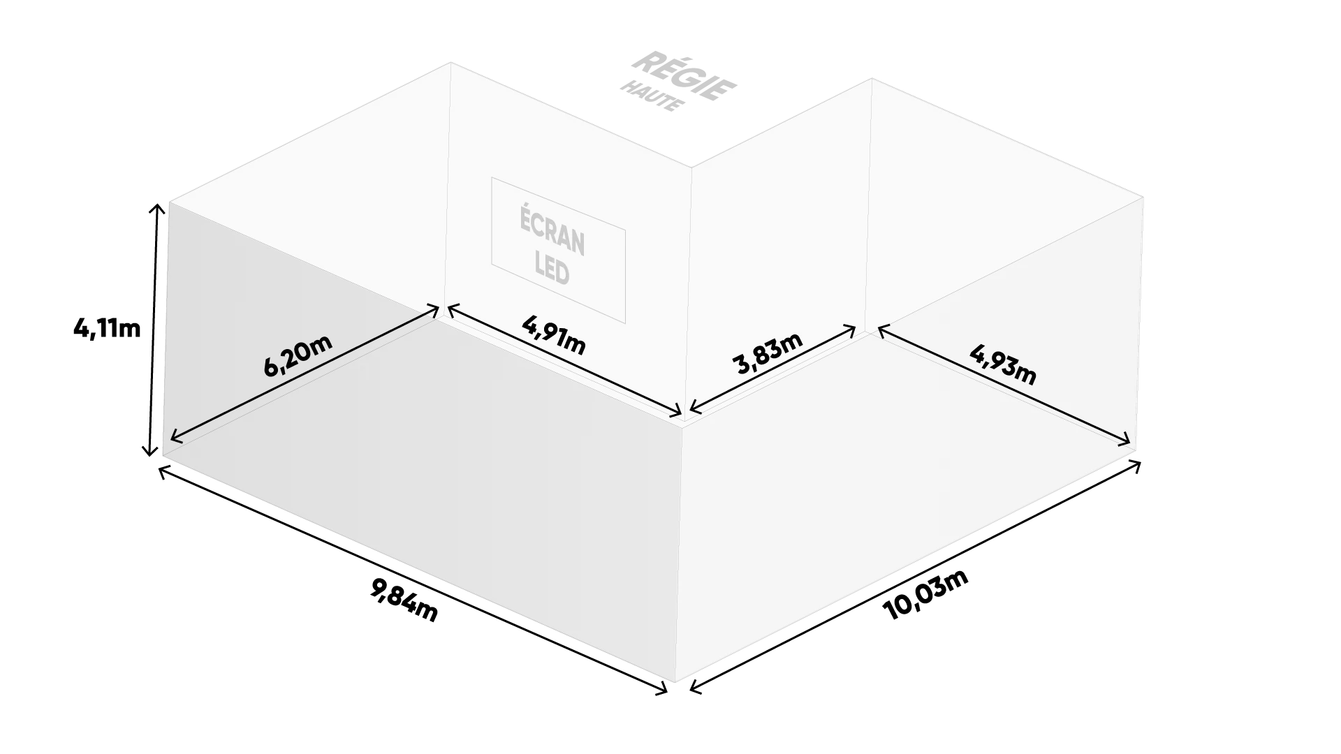 Plan 3D du studio de tournage GCOM avec dimensions de 10 mètres indiquées.